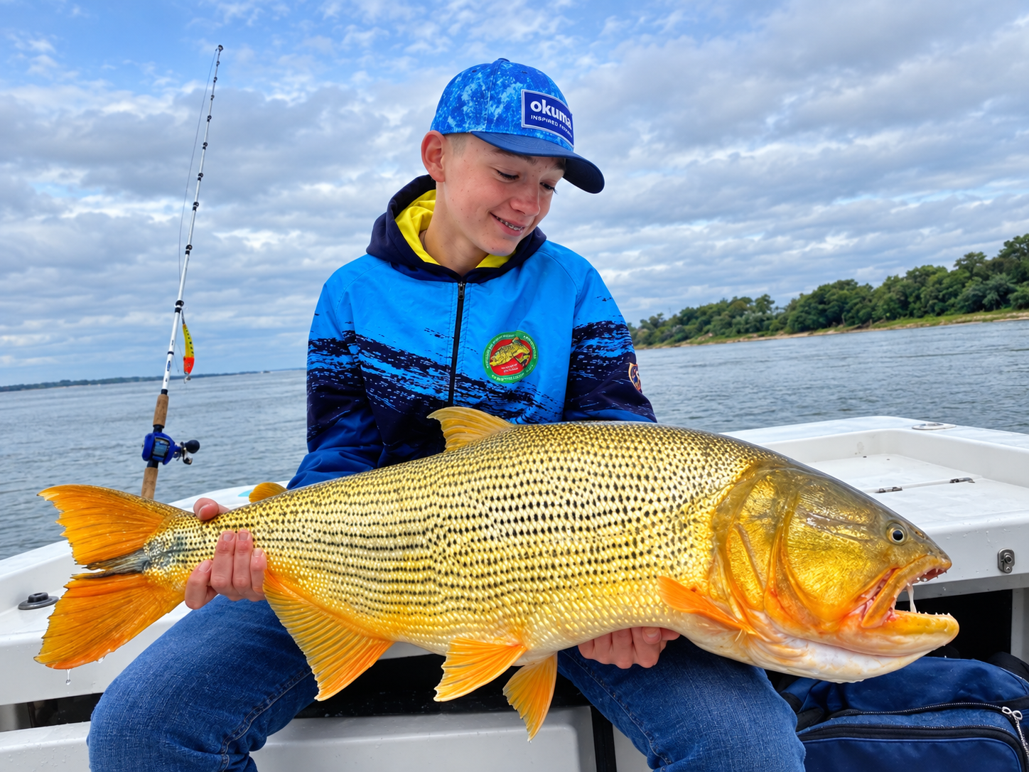 Jovem pescador segurando um dourado inteiro, em fotografia restaurada e ampliada